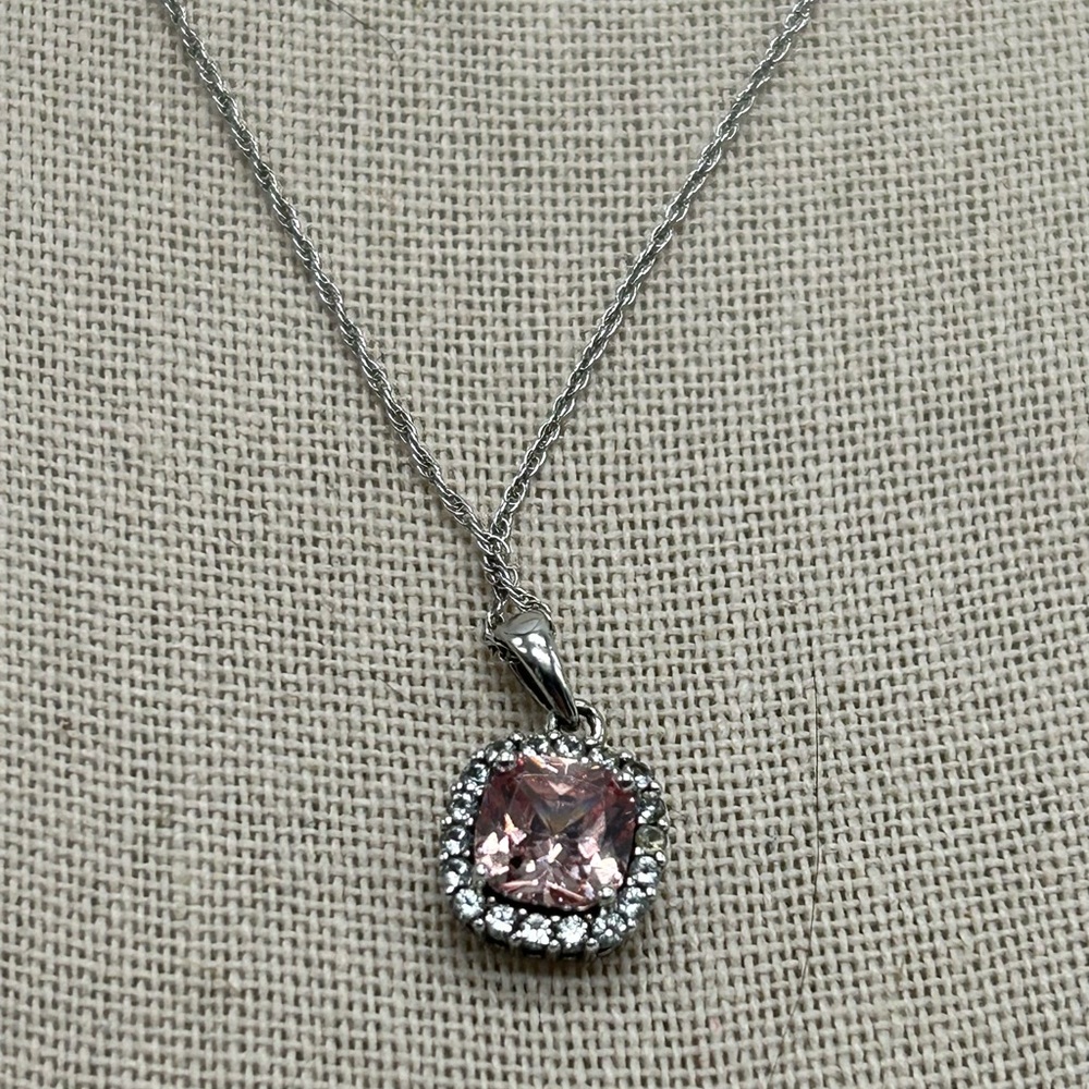 SUN 925 Italy Pink Faceted Prong Set Square Stone with Clear Cz Necklace 9”